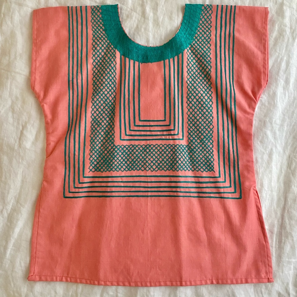 Hand embroidered Oaxaca top pink and green